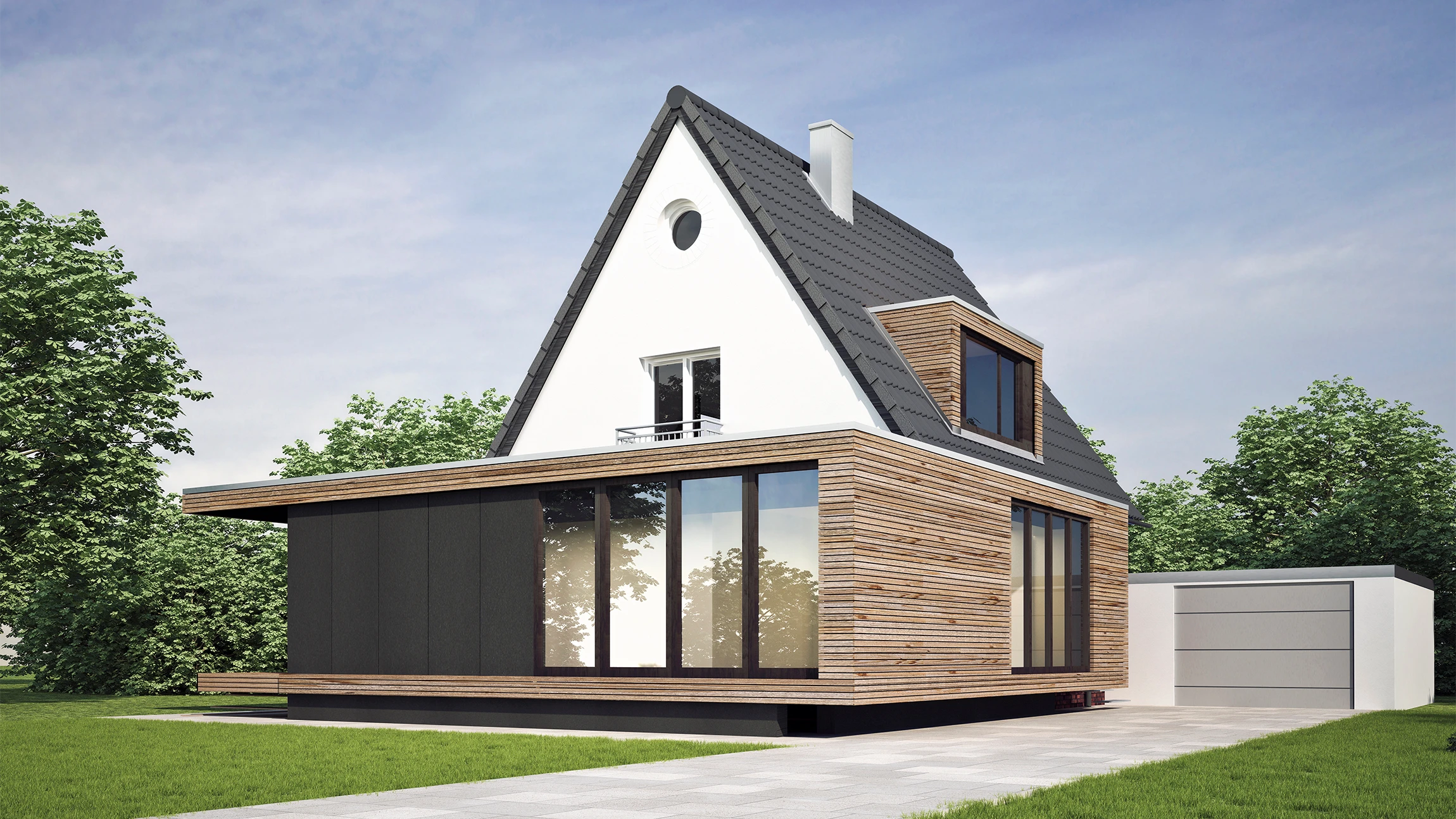 Ein Haus mit Satteldach und Fenstern