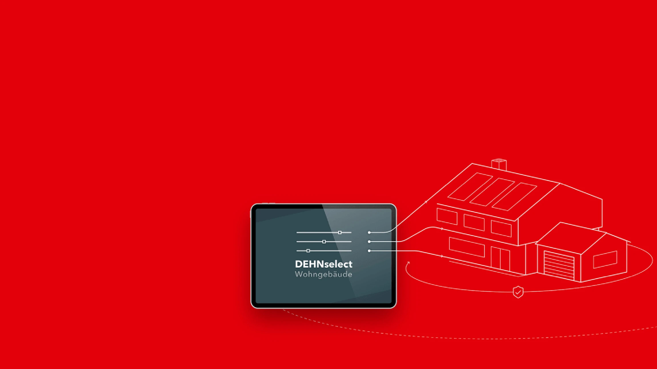 Ein roter Hintergrund mit einem schwarzen Tablet und einer Zeichnung von einem Haus