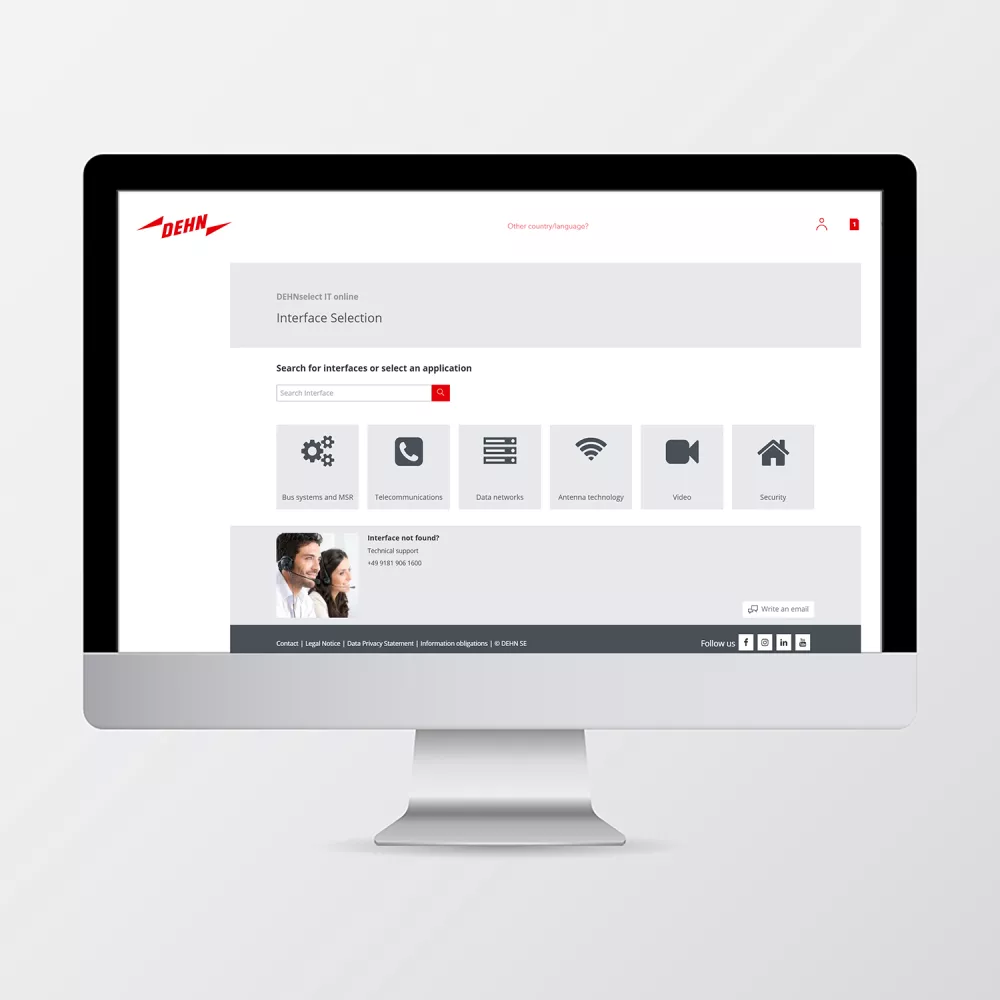 Bildschirm mit der Oberfläche von DEHNselect IT, bestehend aus verschiedenen Feldern und Texten.