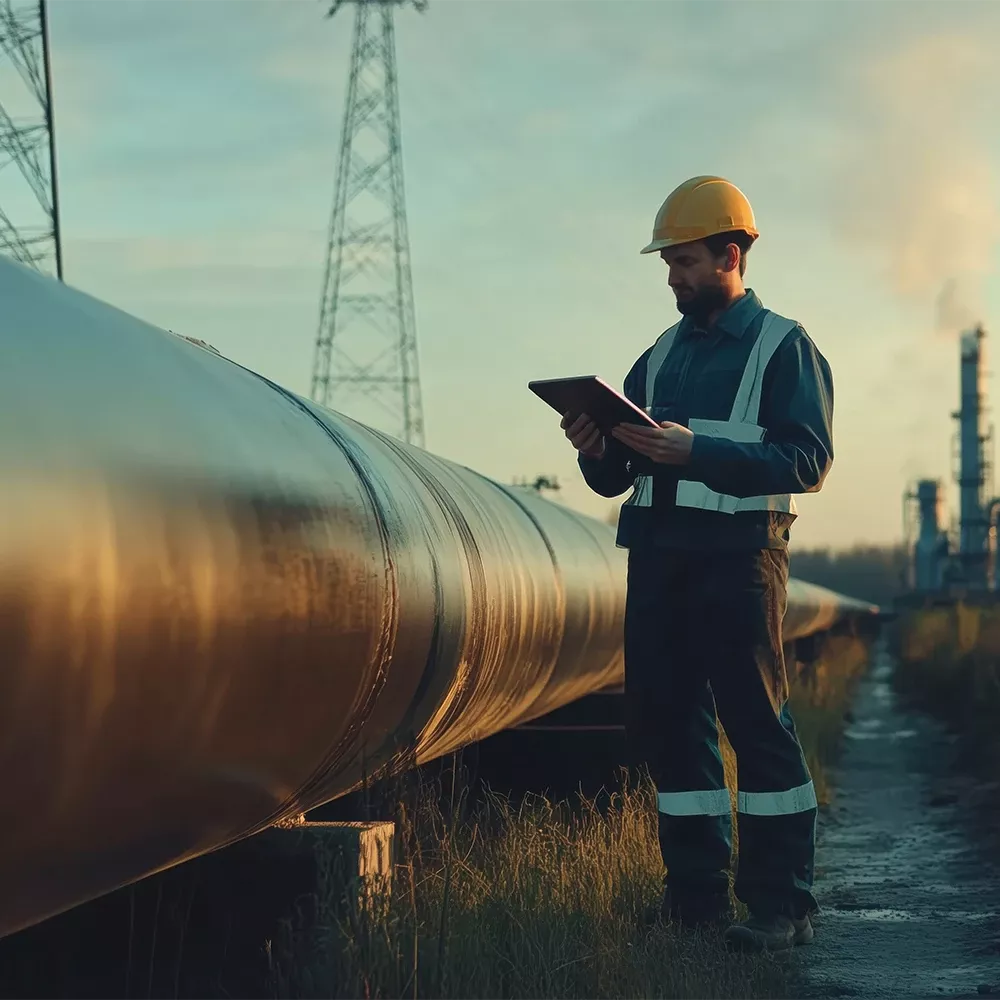 Baustellenumgebung mit Pipeline, Bagger und Hochspannungsleitung im Hintergrund.