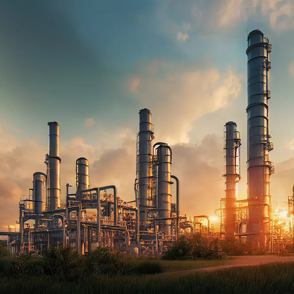 Industrielle Großanlage mit vielen Türmen und Rohren vor Himmel mit Sonnenuntergang.