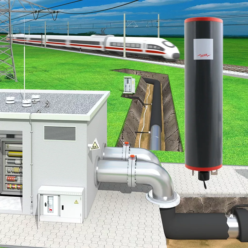 Illustration of a DEHN surge protection device near a buried pipeline beside a railway and substation building.
