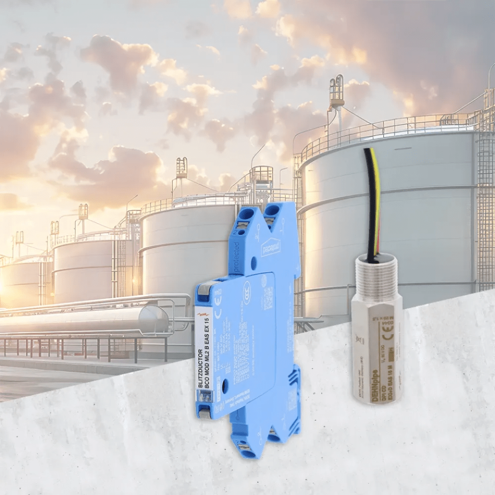 Two electronic components in front of an industrial facility with large storage tanks and a cloudy sky.