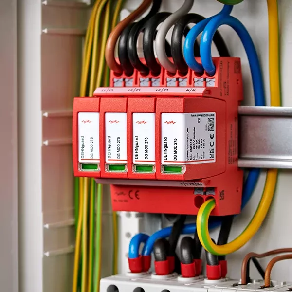 Nahaufnahme einer elektrischen Schalttafel mit mehreren roten Überspannungsschutzvorrichtungen und verschiedenfarbigen Kabeln, die daran angeschlossen sind.