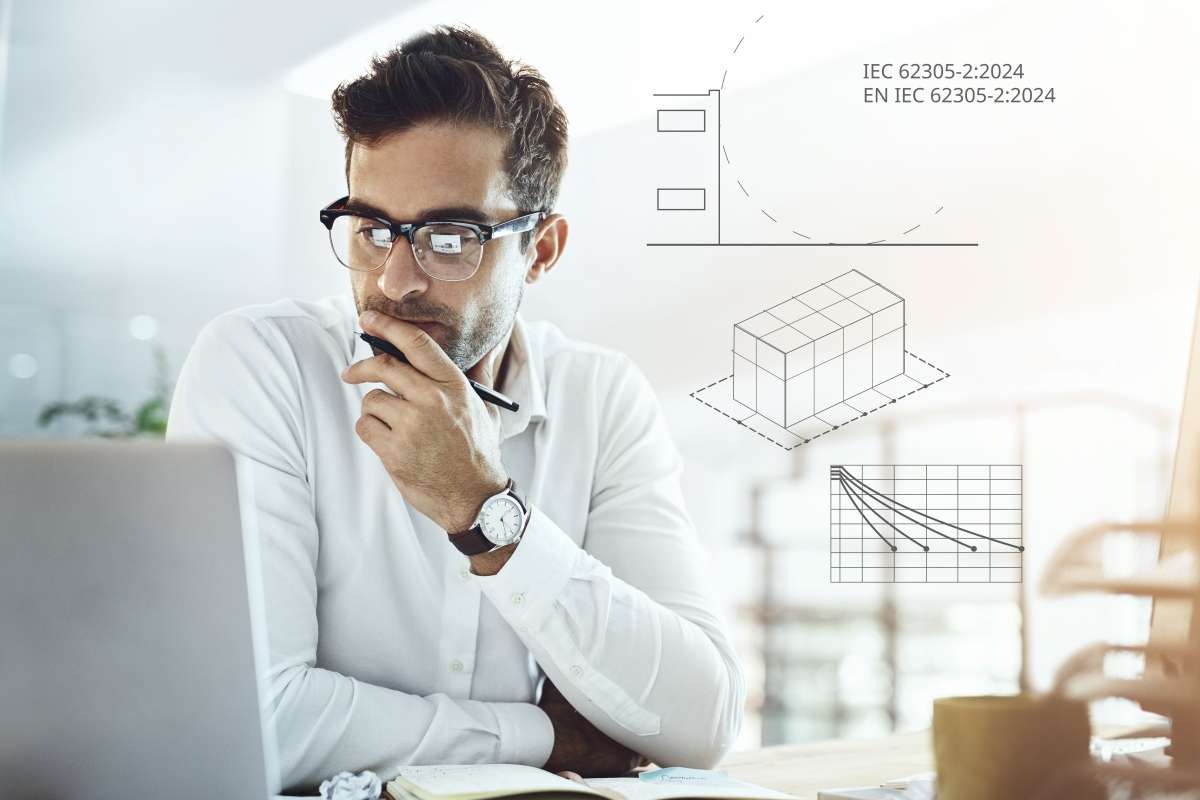 A man works on a laptop, with technical diagrams and IEC standards overlaid.