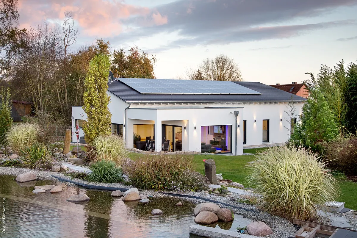 Single-family house with pond and a lot of plants in the garden